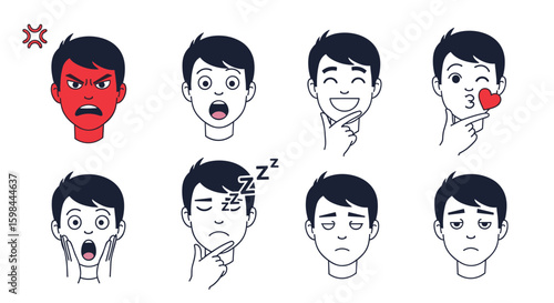 Collection of diverse human emotions expressed through facial illustrations showing happiness surprise anger sadness and sleepiness