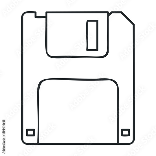 Vintage floppy disk icon outline drawing on white background. Vector illustration