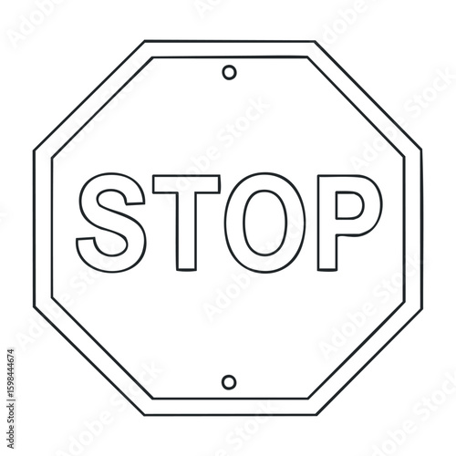 Octagonal stop sign with bold text in black outline on white background. Vector illustration