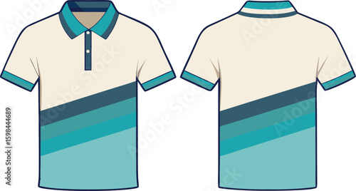 Front and back view of a modern cream and teal color block polo shirt
