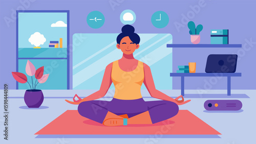A calming virtual yoga studio where users can customize their practice with different levels of difficulty and soothing visual effects that respond to. Vector illustration