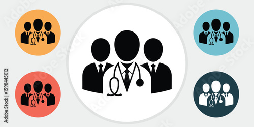 Medical team icons in circular formation representing collaborative healthcare professionals, depicted with vibrant flat design illustration
