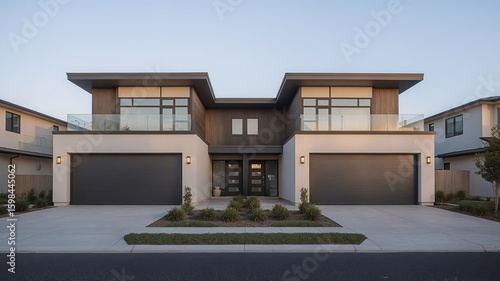 Modern duplex architecture with contemporary design and minimalist aesthetics showcasing exterior facade and clear sky view