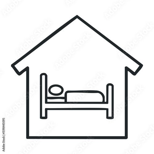 Simple house outline with bed icon inside representing home accommodation. Vector illustration