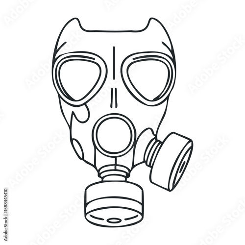 Black and white line drawing of a gas mask with respirator filter detailing. Vector illustration