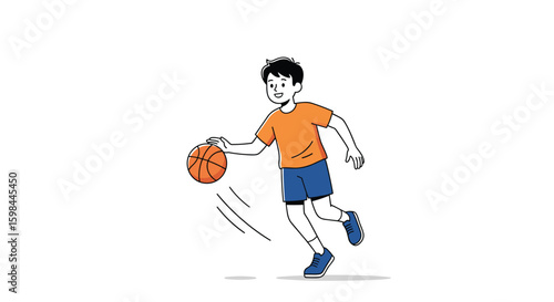 Energetic young boy skillfully dribbling a basketball during an outdoor sports activity