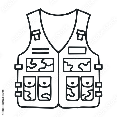 Black and white drawing of tactical vest with pockets and straps. Vector illustration