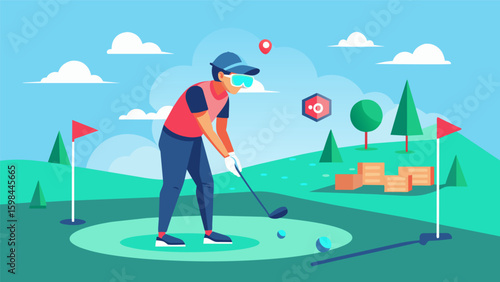 A golfer using virtual reality to train for a specific course or tournament studying the layout and obstacles while receiving customized tips and. Vector illustration