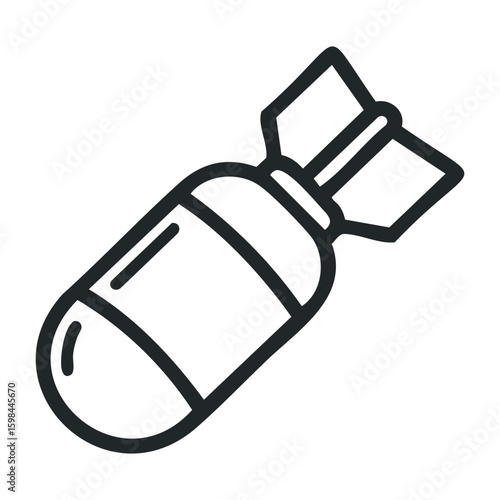 Outline of a bomb icon with fin design and striped pattern in black and white. Vector illustration