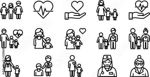 Family care and support icon vector set. Contains love, household, mother, father, children, friendship, togetherness, happy, handshake, hug, solidarity, human relationships, volunteer. Illustration