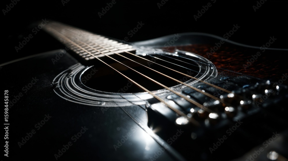 Fototapeta premium Fingers gently strumming the strings of an acoustic guitar in a cozy living room. The soft light highlights the wood grain and craftsmanship, creating an inviting ambiance for music.