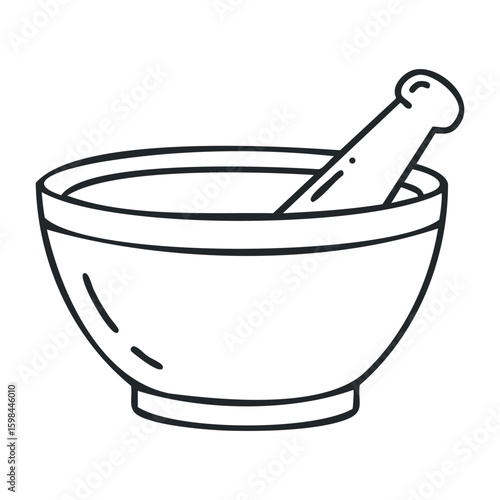 Mortar and pestle line art for herb grinding and culinary preparation. Vector illustration