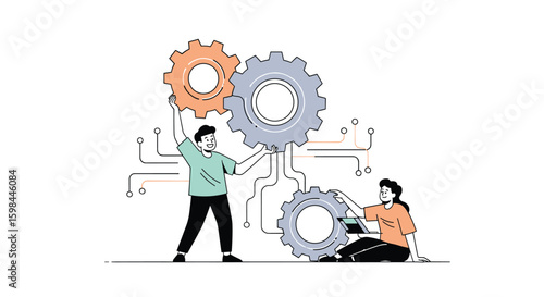 Teamwork collaboration and problem solving with gears and mechanisms for business success and project development