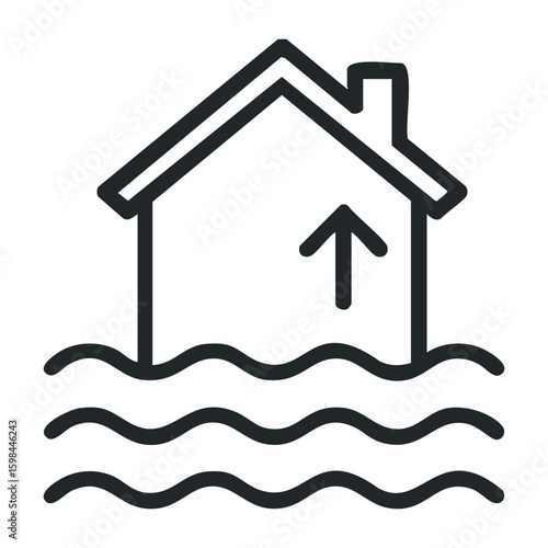 Flood warning icon with house and rising water arrow symbol. Vector illustration