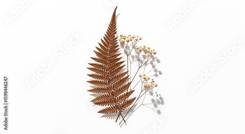 A single dried brown fern frond with delicate white wildflowers on a clean white background