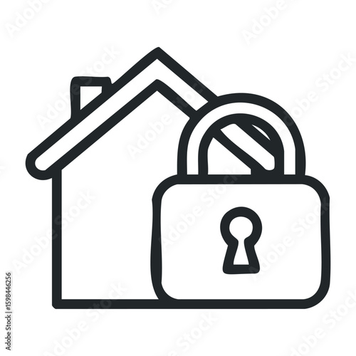Outline icon of a house with lock symbolizing home security concept. Vector illustration