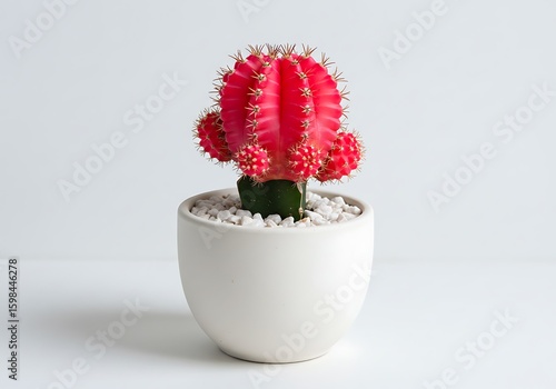Bright pink cactus plant in a white pot with white gravel against a white background