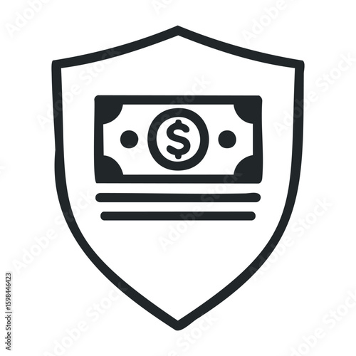 Shield icon with dollar bill symbolizing financial security and protection. Vector illustration