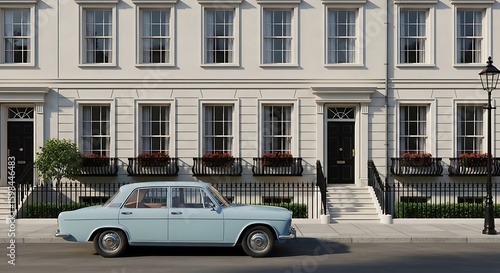 Classic pale blue vintage car parked on a street in front of elegant terraced townhouses