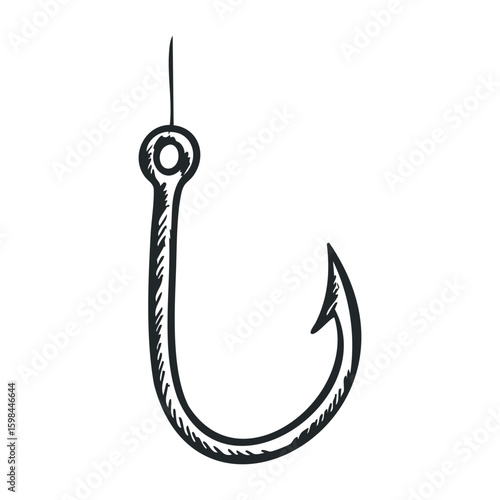 Hand-drawn fishing hook sketch in black and white on plain background. Vector illustration