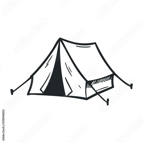 Black and white tent drawing with simple lines and minimalist design. Vector illustration