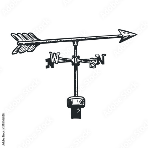 Vintage arrow weathervane with compass directions in black and white sketch style. Vector illustration