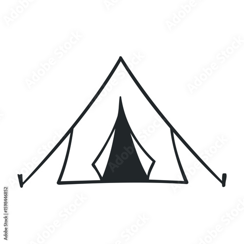 Simple line drawing of tent outline for camping and outdoor adventures. Vector illustration