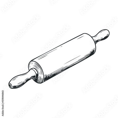 Hand-drawn rolling pin sketch with detailed wood texture and classic kitchen design. Vector illustration
