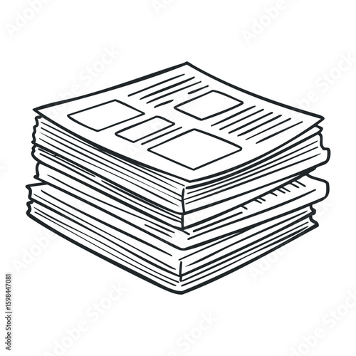 Stack of newspapers with sketched lines and boxes depicting articles and headings. Vector illustration