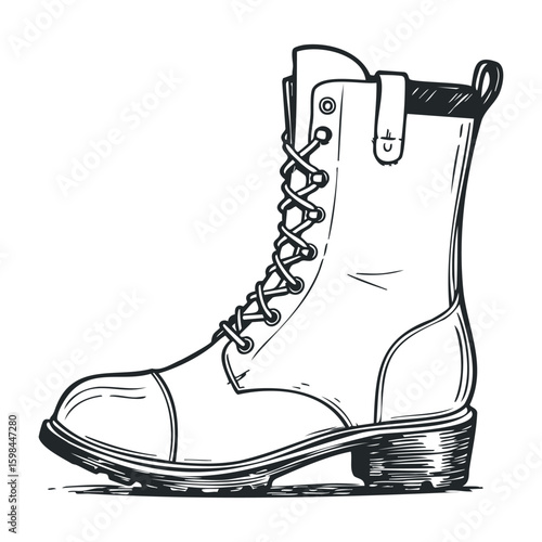 Black and white drawing of laced combat boot with stitch detail. Vector illustration