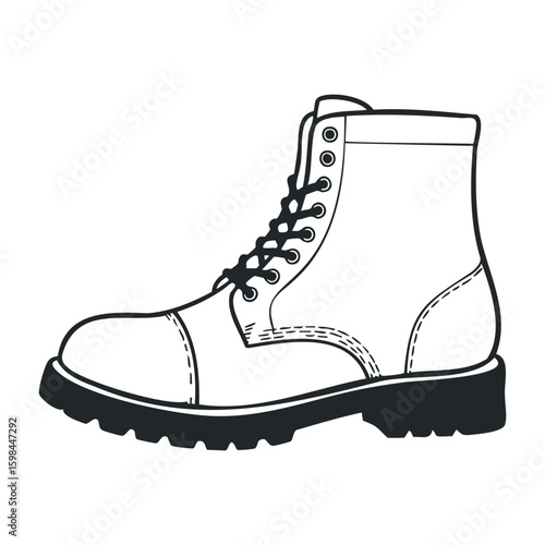 Black and white illustration of a classic lace-up leather boot. Vector illustration