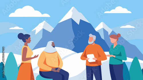 Against the backdrop of a stunning mountain range senior participants engage in a deep conversation about the importance of mental wellbeing in a. Vector illustration