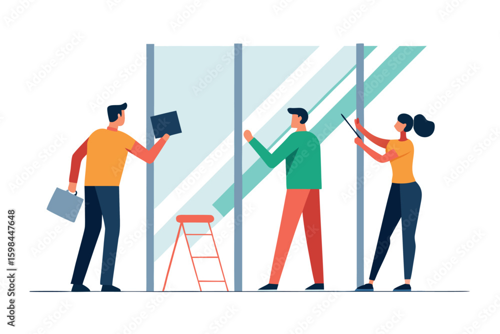 Obraz premium Team collaborating on a modern glass wall installation