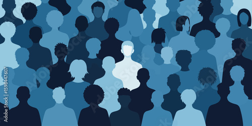 Abstract silhouettes of diverse people in shades of blue representing unity, inclusion, and multicultural harmony in society