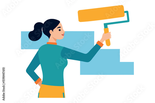 Woman painting a wall with a roller