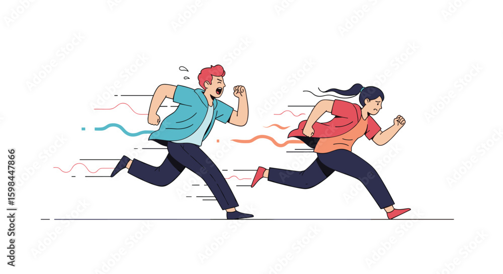 Obraz premium Two diverse people are running at full speed with motion lines indicating rapid movement