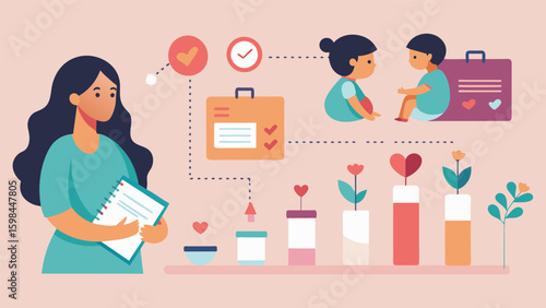 A mothers journal page showcases a timeline of her journey through motherhood from the first ultrasound photo to the first steps documented through. Vector illustration