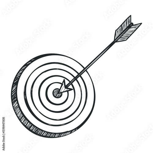 Sketch of a bullseye target with arrow in center on white background. Vector illustration