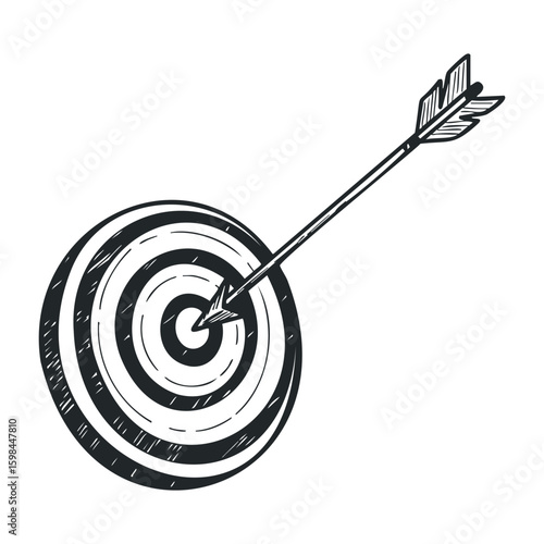 Arrow hitting bullseye on target board in black and white sketch style. Vector illustration