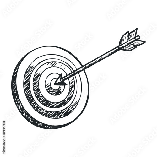 Hand-drawn bullseye target with arrow illustration for achieving precision. Vector illustration