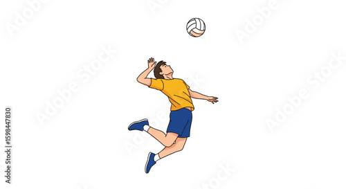 Female athlete in yellow shirt and blue shorts performing a powerful volleyball spike jump in mid air on a white background