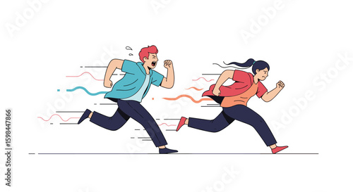 Two diverse people are running at full speed with motion lines indicating rapid movement