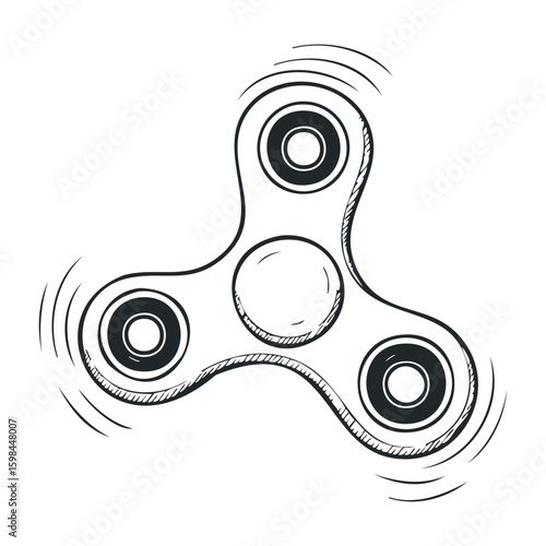 Black and white sketch of a fidget spinner with motion lines. Vector illustration