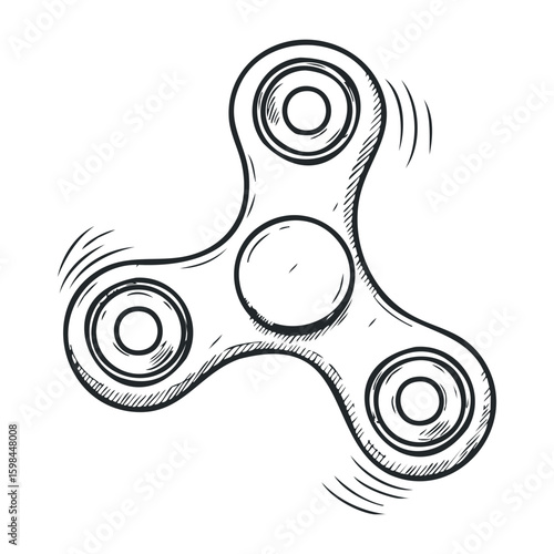 Black and white hand-drawn fidget spinner sketch with motion lines. Vector illustration