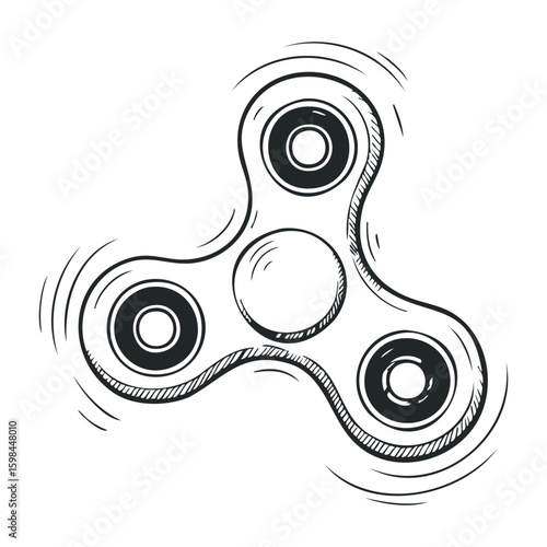 Black and white fidget spinner sketch with rotational motion lines. Vector illustration