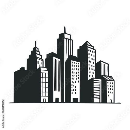 Black and white urban skyline illustration with modern skyscrapers. Vector illustration