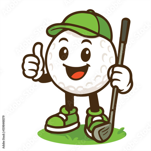 golf ball cartoon character with golf club, cute sports mascot illustration, funny golfing design for stickers, t-shirts, posters, sports-themed decorations, kids activities