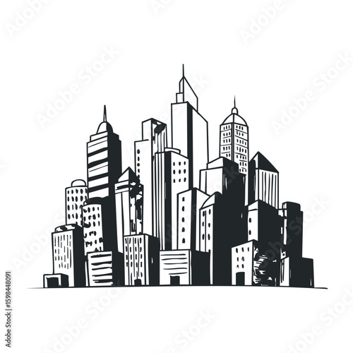 Black and white urban skyline sketch illustrating tall city buildings. Vector illustration