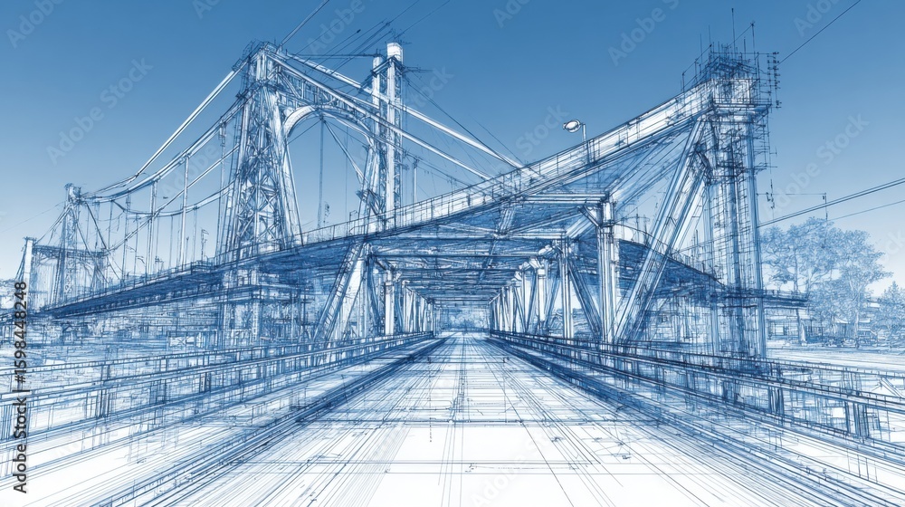 Fototapeta premium Drawing presents a complex blueprint of a bridge set against a clear blue sky, illustrating intricate engineering details and structural elements.