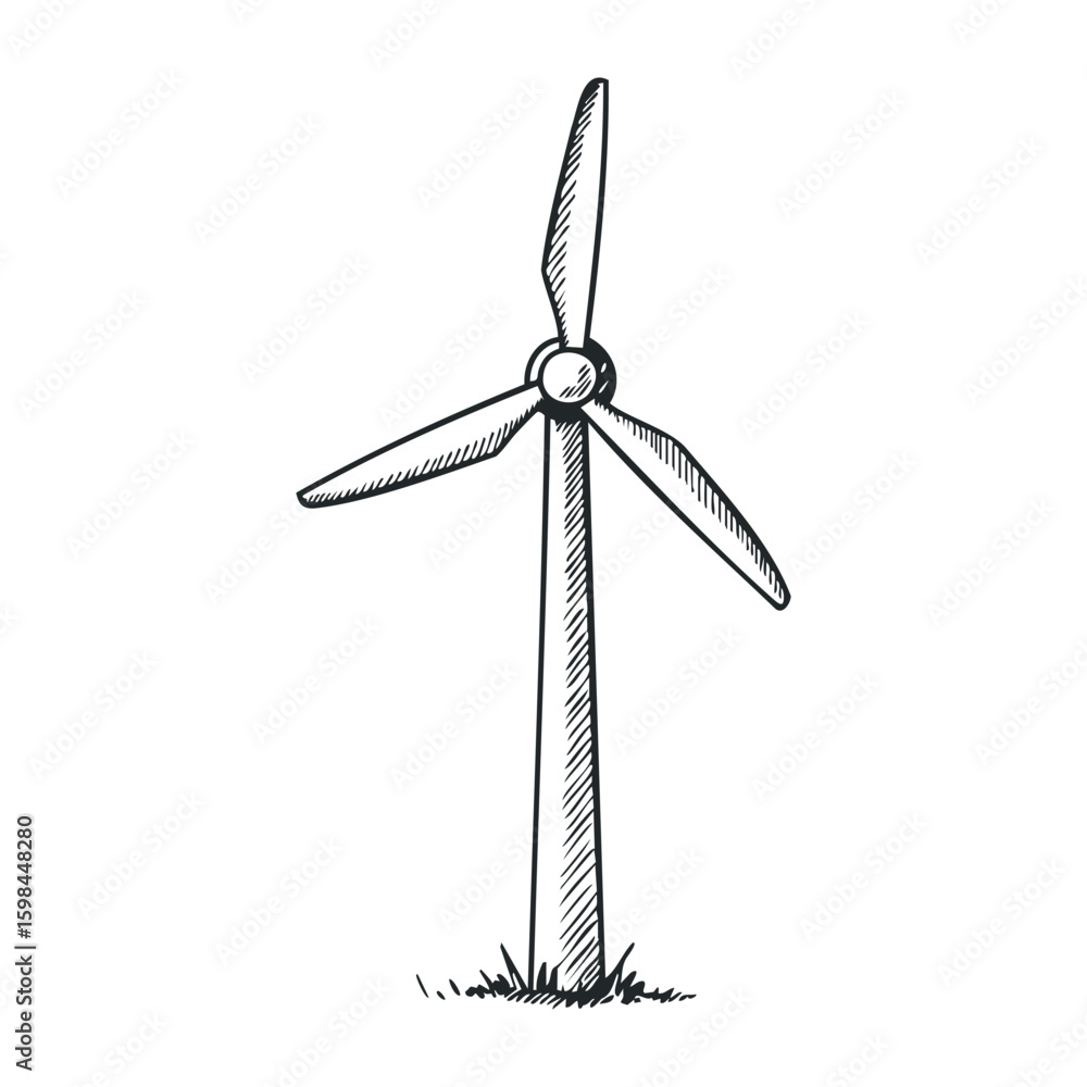 Black and white sketch of wind turbine with three blades on grass. Vector illustration Black and white sketch of wind turbine with three blades on grass. Vector illustration
